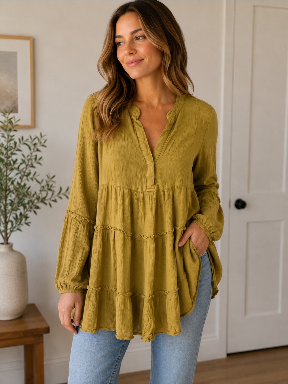 Elan Olive-Mustard Tiered Crinkle Tunic